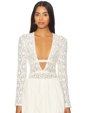 REVOLVE Yuhan Wang Ribbon Tied Lace Cream Deep V Long Sleeve Top NWOT Size Small